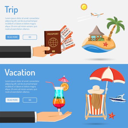 Vacation and Trip Banners with Flat Icons for Mobile Applications, Web Site, Advertising like Planning, Booking, Passport, Trip, Cocktail, Island, Aircraft and Bungalows.のイラスト素材