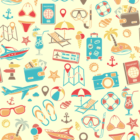 Vacation and Tourism Seamless Pattern with Flat Icon Set for Mobile Applications, Web Site, Advertising like Boat, Cocktail, Island, Aircraft and Suitcase.のイラスト素材