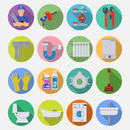 Plumbing Service Flat Icons Set with Long Shadow on Circle with Plumber, Device and Tools items.illustration.のイラスト素材