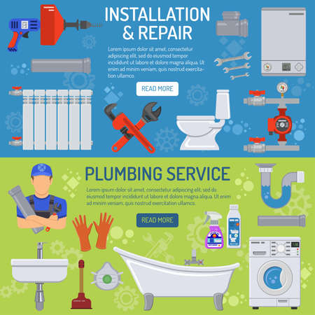 Plumbing Service Installation and Repair Horizontal Banners  with Plumber, Tools and Device Flat Icons. illustration.のイラスト素材