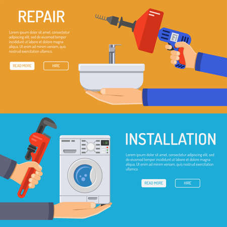 Plumbing Service, Repair and Installation Horizontal Banners with Flat Icons. illustration.のイラスト素材