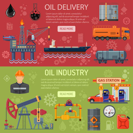 Oil industry Horizontal Banners with Flat Icons extraction production and transportation oil and petrol with oilman, rig and barrels. vector illustration.のイラスト素材