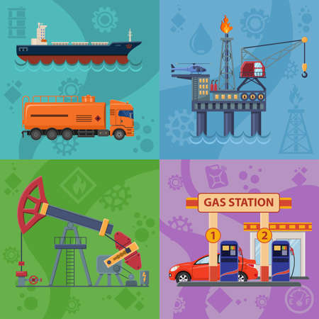 Oil industry Square Banners with Flat Icons extraction production and transportation oil and petrol with gas station, rig and barrels. vector illustration.のイラスト素材