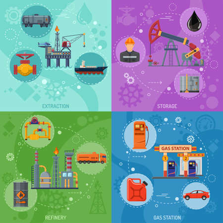 Oil industry Square Banners with Flat Icons extraction refinery and transportation oil and petrol with gas station, rig and barrels. vector illustration.のイラスト素材