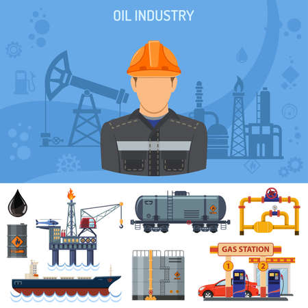 Oil industry Concept with Flat Icons extraction production and transportation oil and petrol with oilman, rig and barrels. vector illustration.のイラスト素材