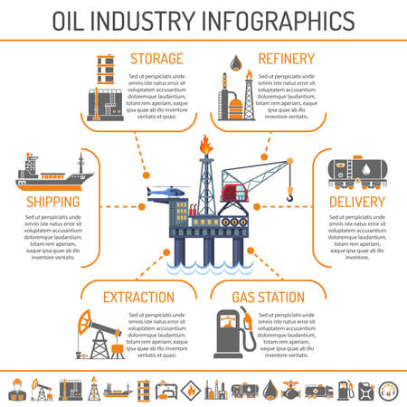 Oil industry extraction production and transportation oil and petrol Infographics Two Color Icons Set with oilman, rig and barrels. Isolated vector illustration.のイラスト素材