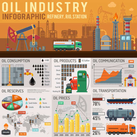 Oil industry Infographics with Flat Icons Oil Consumption, Oil Reserves, Products and Oil Transportation. Vector illustration.のイラスト素材