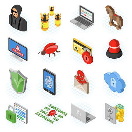 Internet Security isometric Flat Icon Set for Flyer, Poster, Web Site Like Hacker, Virus, Spam and Safe.のイラスト素材