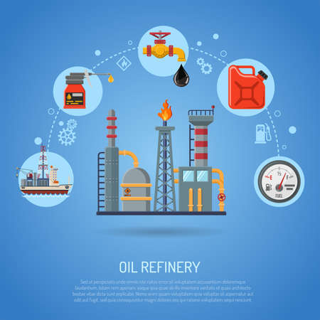 Oil industry Concept with Flat Icons extraction Refinery and transportation oil and petrol with cargo ship, pipeline and factory. vector illustration.のイラスト素材