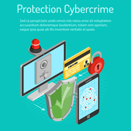 Cyber crime and data protection concept with isometric flat icons like shield, fingerprint, antivirus, safe and flasher. vector illustration.のイラスト素材