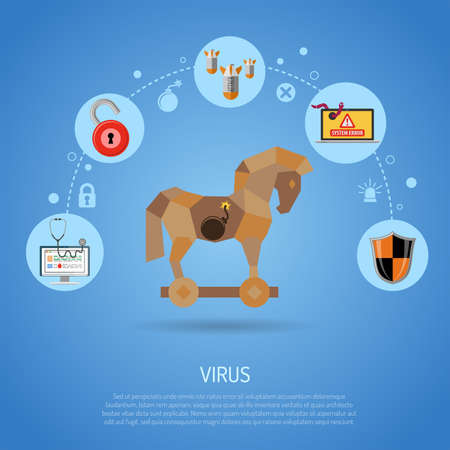 Cyber Crime & Virus Concept with Trojan Horse, Bomb, worm and Bug Flat Icons. vector illustration.のイラスト素材