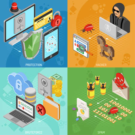 Internet security square banners with isometric flat icons like hacker, virus, antivirus, protection and spam. vector illustration.のイラスト素材