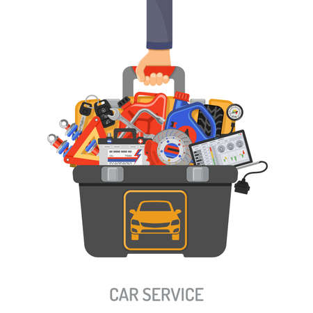Auto Service Concept with Car tools and toolbox in hand car mechanic flat Icons. Isolated vector illustration.のイラスト素材