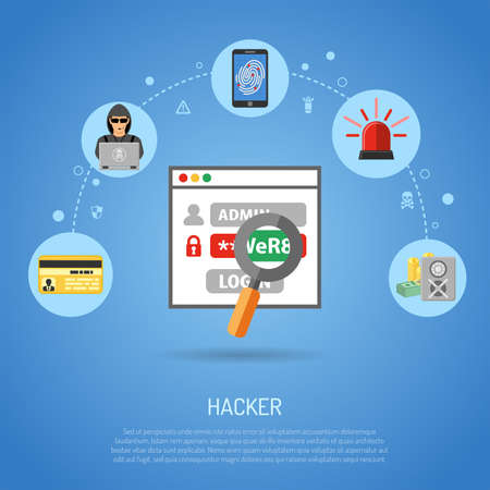 Cyber Crime & Hacker Concept with password, Credit card, fingerprint and Safe Flat Icons. vector illustration.のイラスト素材