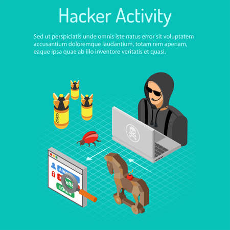 Cyber crime and Hacker Activity Concept with isometric flat icons like hacker, virus, bug and hacking password. vector illustration.のイラスト素材