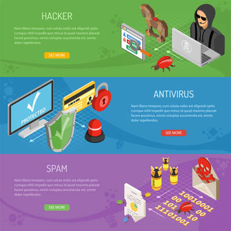 Internet security horizontal banners with isometric flat icons like hacker, virus, antivirus and spam. vector illustration.のイラスト素材