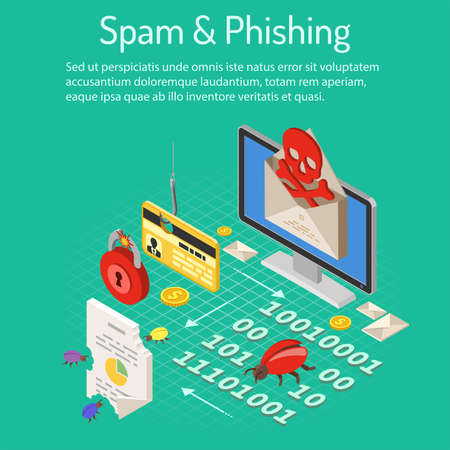 Internet security with Spam and Phishing Concept with isometric flat icons like spam, virus, credit card on hook and bugs. vector illustration.のイラスト素材