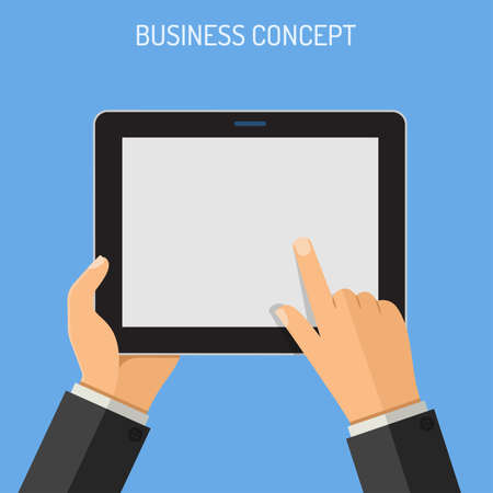 Business Concepts Man holding tablet PC similar to ipad horizontal in hand and touching blank screen. isolated vector flat icon illustration.のイラスト素材