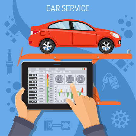 Car Service and Maintenance Concept with flat Icon lift and car. Mechanic holding tablet PC in hand, and makes diagnostics. vector illustration.のイラスト素材