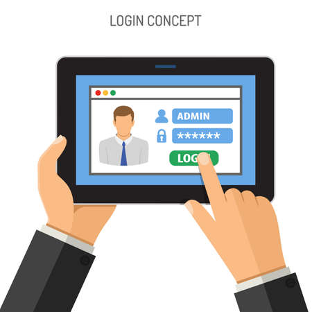Login Concepts Man holding tablet PC similar to  tablet phone horizontal in hand and touching  window with password. isolated vector flat icon illustration.のイラスト素材