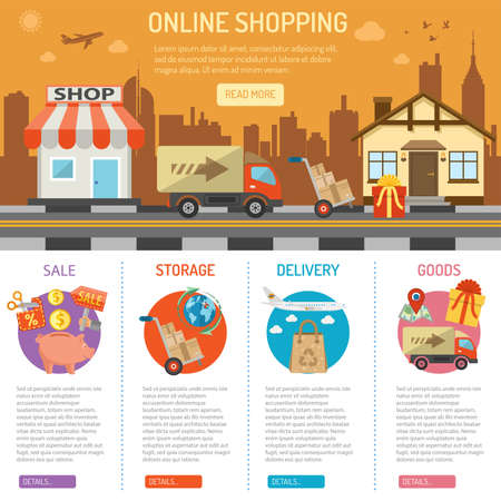 Online internet shopping concept with flat Icons Set for e-commerce marketing and advertising with shop, delivery, sale, storage and house. vector illustrationのイラスト素材