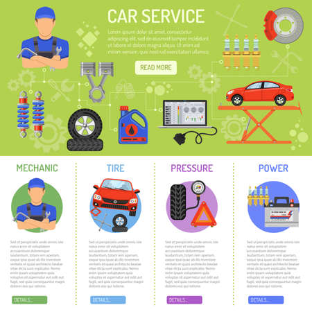 Car Service Infographics with Flat Icons mechanic, tire, pressure and power. Vector illustration.のイラスト素材