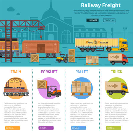 Railway Freight infographics with flat Icons Set like train, delivery, station, truck, rails and forklift. vector illustrationのイラスト素材