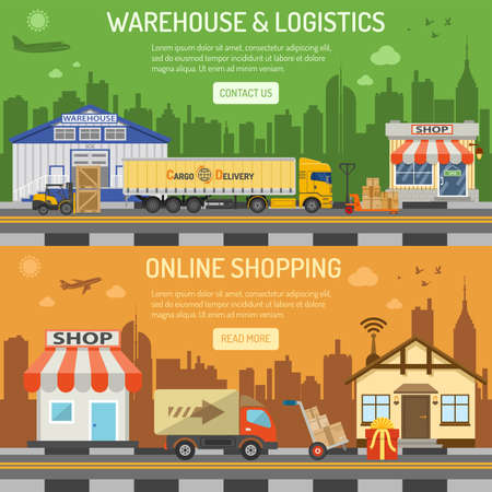 Warehouse, logistics and internet shopping Horizontal Banners with Flat Icons Set shop, delivery, truck, cityline, storage and house. vector illustrationのイラスト素材