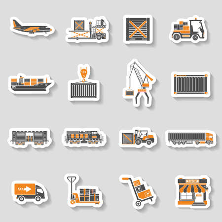 Cargo Transport, Packaging, shipping and logistics two color sticker Icon Set such as Truck, air cargo, Train, Shipping. vector illustrationのイラスト素材
