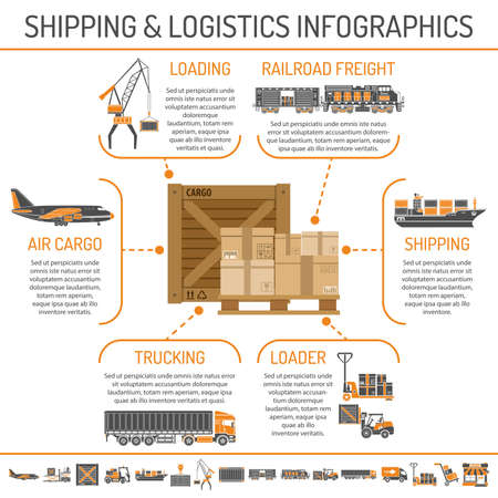 Shipping and logistics Concept infographics with Two Color Icons Set such as air cargo, trucking, ship, railroad freight. Isolated vector illustration.のイラスト素材
