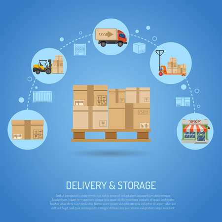 Delivery and storage concept infographics with flat Icons pallet with boxes and delivery process in store. vector illustrationのイラスト素材