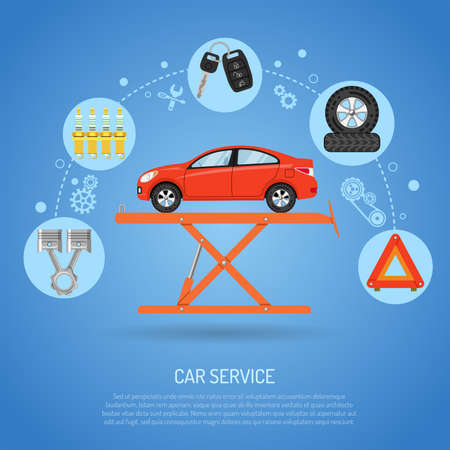 Car Service concept with Flat Icons like jack, Spark Plug and piston. Vector illustration.のイラスト素材