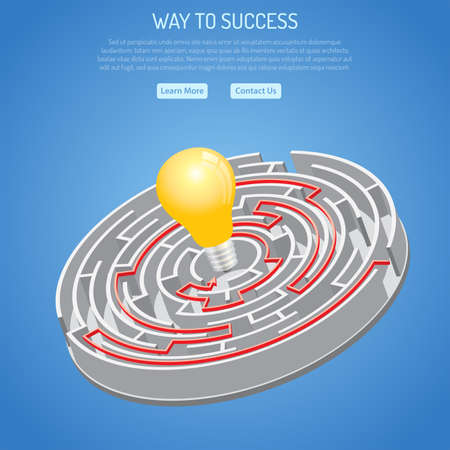 Business Success and Searching Idea Concept with 3D circular Labyrinth with solution and light bulb. vector illustrationのイラスト素材