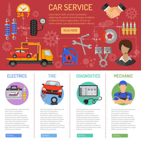 Car Service and Roadside Assistance Infographics with Flat Icons tow truck, support, accumulator and jack. Vector illustration.のイラスト素材