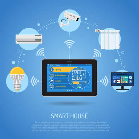 Smart House and internet of things concept. tablet PC controls smart home like security air conditioner and smart tv flat icons. vector illustrationのイラスト素材