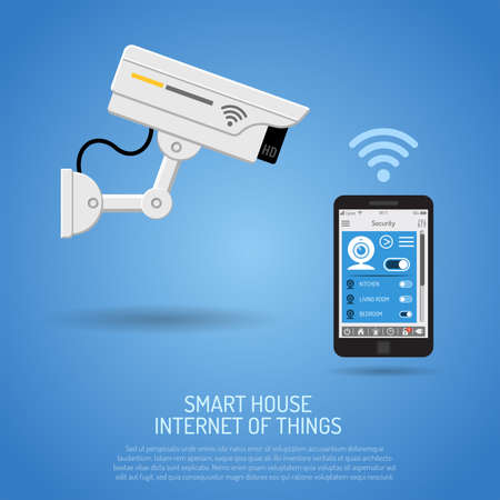 Smart House and internet of things concept. smartphone controls smart home like security camera flat icons. vector illustrationのイラスト素材