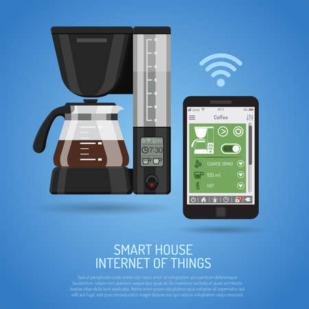 Smart House and internet of things concept. smartphone controls smart home like smart plug and coffee maker flat icons. vector illustrationのイラスト素材