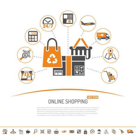 Online internet shopping concept with Two Color flat Icons Set for business marketing and advertising with shop, delivery, sale and goods. Isolated vector illustrationのイラスト素材