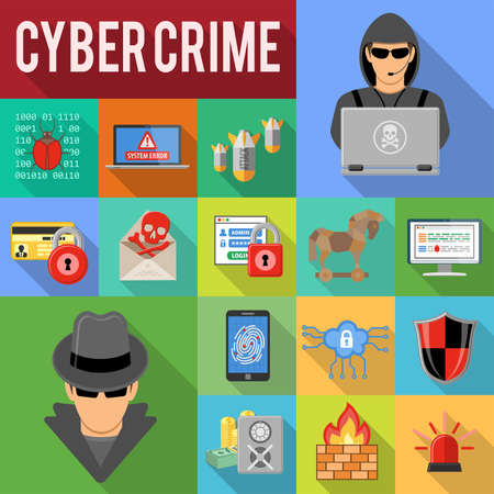 Internet Security and cyber crime concept with Flat Icon Set Long Shadows Like Hacker, phishing, Virus, Spam and Firewall. vector illustrationのイラスト素材