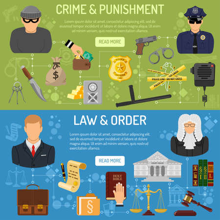 Law and order horizontal banners with flat icons Policeman, thief, lawyer and judge. vector illustrationのイラスト素材