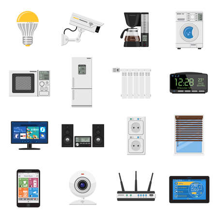 Smart House and internet of things Flat Icons Set with smartphone, tablet, security camera, router...