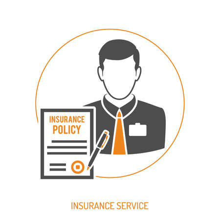 Insurance Agent two color Flat Icon for Web Site, Advertising with Policy and pen. isolated vector illustrationのイラスト素材
