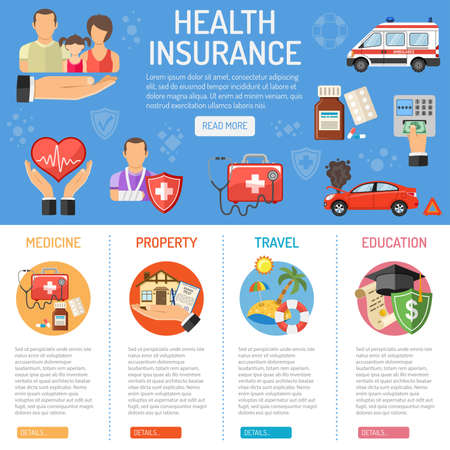 Insurance Services concept with flat Icons Set - House, Car, Medical and Travel insurance services. Vector illustrationのイラスト素材