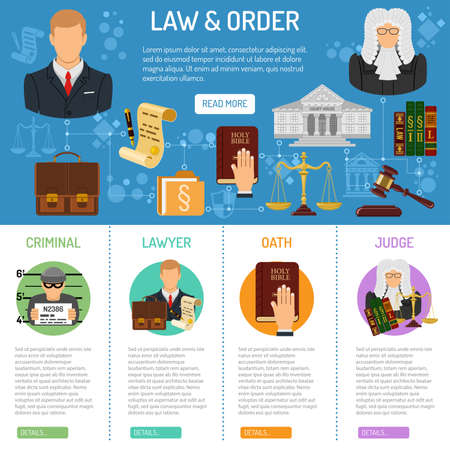Law and Order infographics with flat icons Lawyer, criminal, oath and judge. vector illustrationのイラスト素材