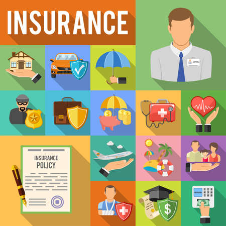 Insurance Services concept with Flat Icons Set Long Shadow like House, Car, Medical and Business. vector illustrationのイラスト素材