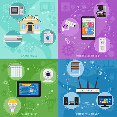 Smart House and internet of things square banners. smartphone and tablet controls smart plug, fridge coffee maker router microwave and tv flat icons. vector illustrationのイラスト素材