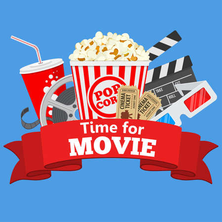 Cinema and Movie time flat icons with film reel, popcorn, paper cup, 3d glasses, clapperboard and rubbon, isolated vector illustrationのイラスト素材