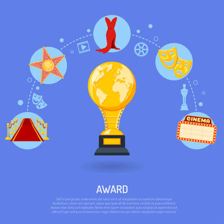 Cinema and Movie Award concept with flat icons trophy, red carpet, theater masks, star, isolated vector illustrationのイラスト素材
