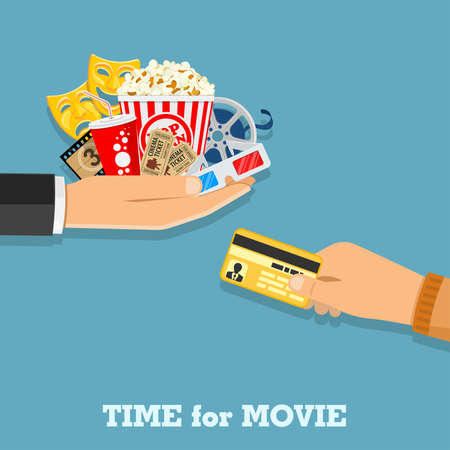 Cinema and Movie time concept with flat icons popcorn, masks, 3D glasses, tickets in hand and credit card, isolated vector illustrationのイラスト素材