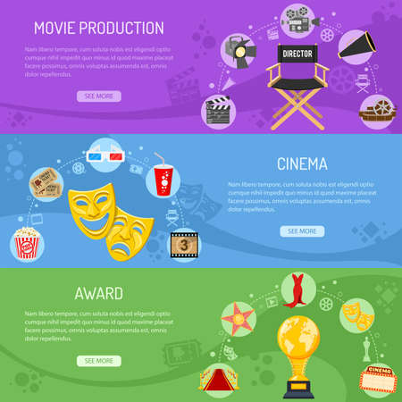 Cinema and Movie horizontal banners with flat icons camera, director chair, theater masks, award, popcorn, vector illustrationのイラスト素材